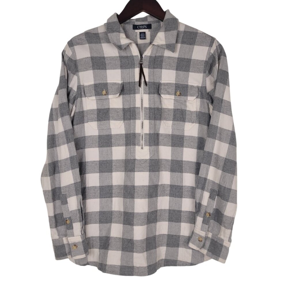 CHAPS Gray/White Plaid Flannel 100% cotton 1/4 Zip Top size medium